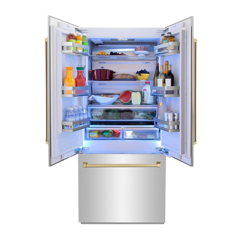 ZLINE Autograph Edition 36-inch refrigerator in stainless steel with bright white interior and champagne bronze accents RBIVZ-304-36-CB, front view