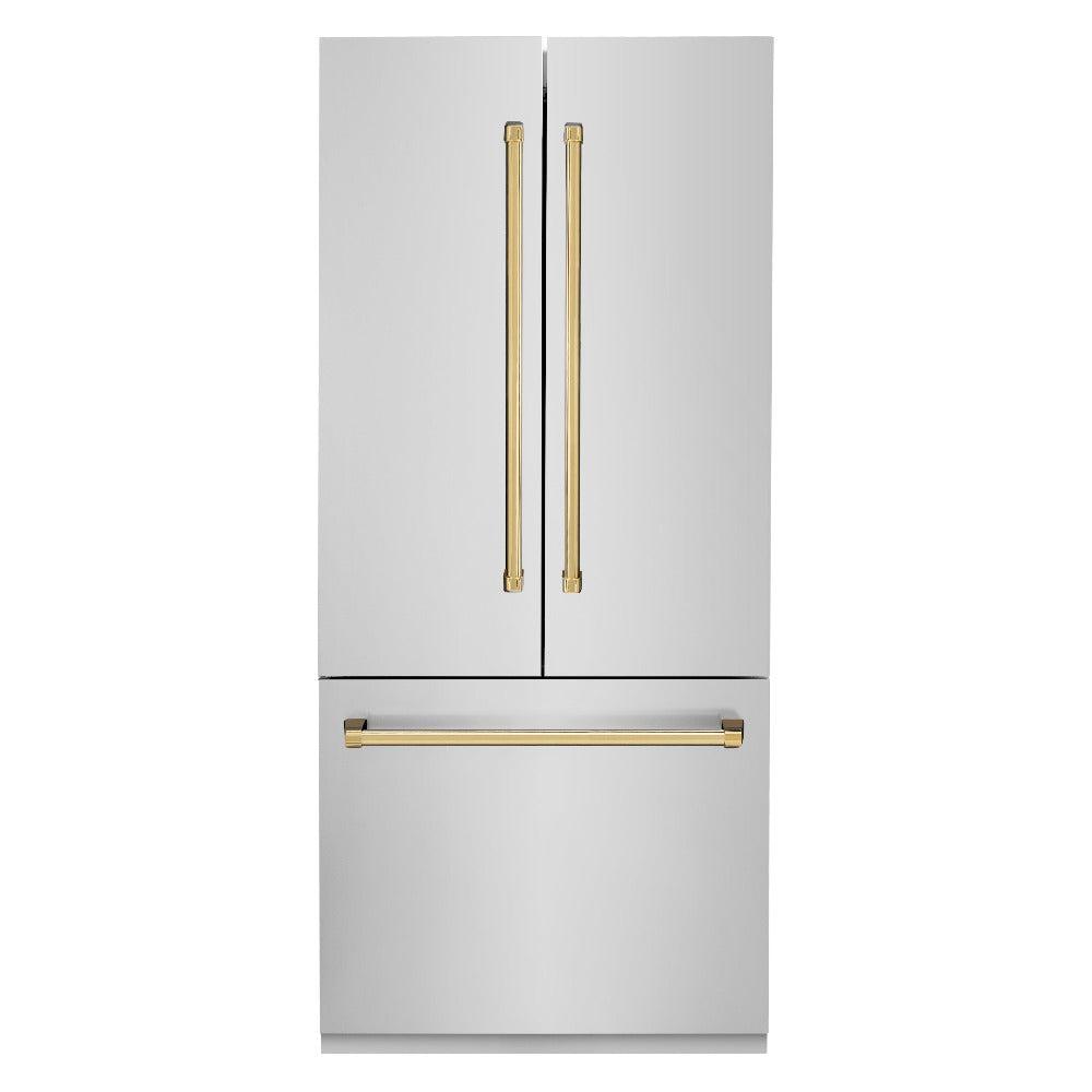 ZLINE Autograph Edition 36-inch refrigerator in stainless steel with bright white interior and polished gold accents RBIVZ-304-36-G, front view