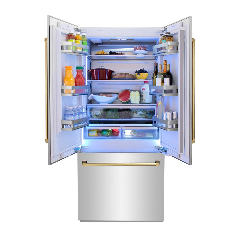 ZLINE Autograph Edition 36-inch refrigerator in stainless steel with bright white interior and polished gold accents RBIVZ-304-36-G, front view
