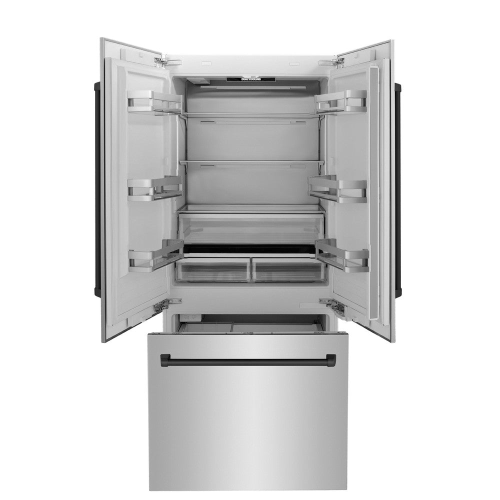 ZLINE Autograph Edition 36-inch refrigerator in stainless steel with bright white interior and matte black accents RBIVZ-304-36-MB, front view