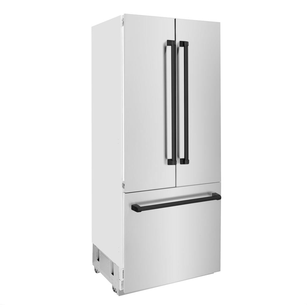 ZLINE Autograph Edition 36-inch refrigerator in stainless steel with bright white interior and matte black accents RBIVZ-304-36-MB, side view