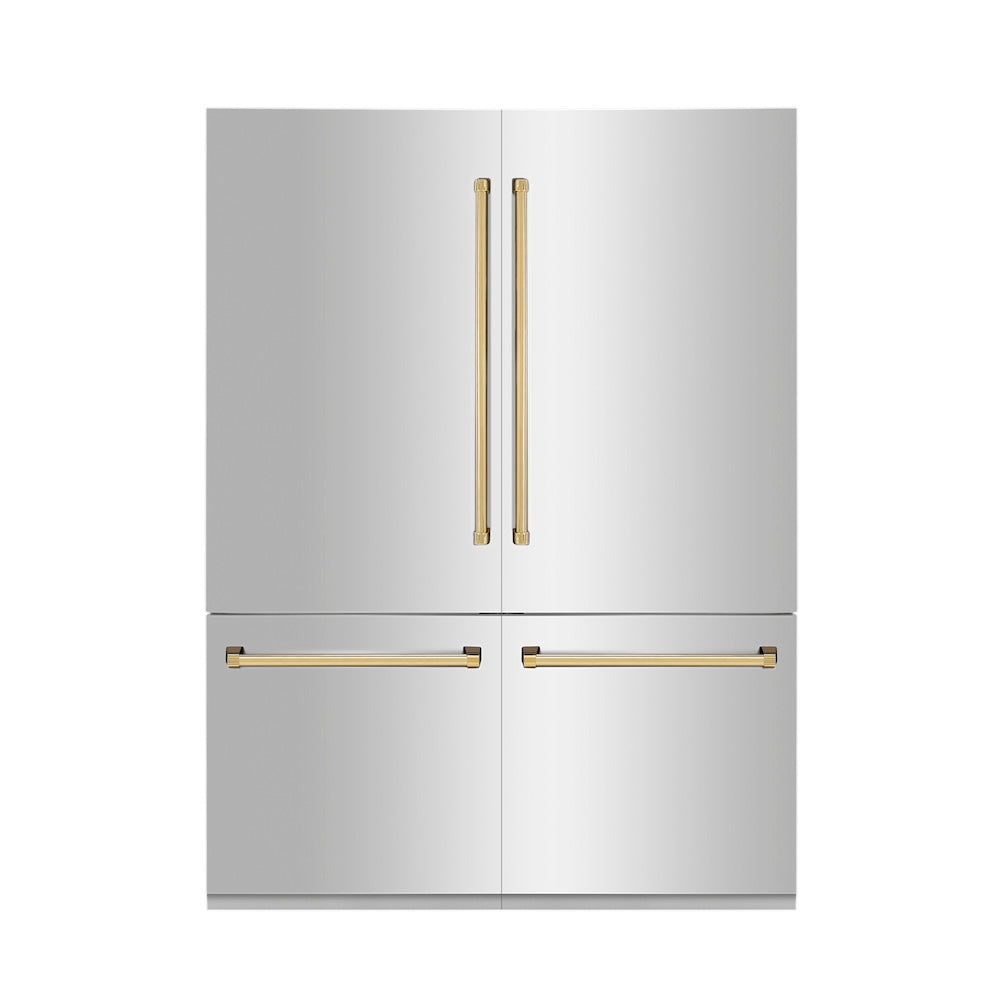 ZLINE Autograph Edition 60-inch refrigerator in stainless steel with bright white interior and polished gold accents RBIVZ-304-60-G, front view