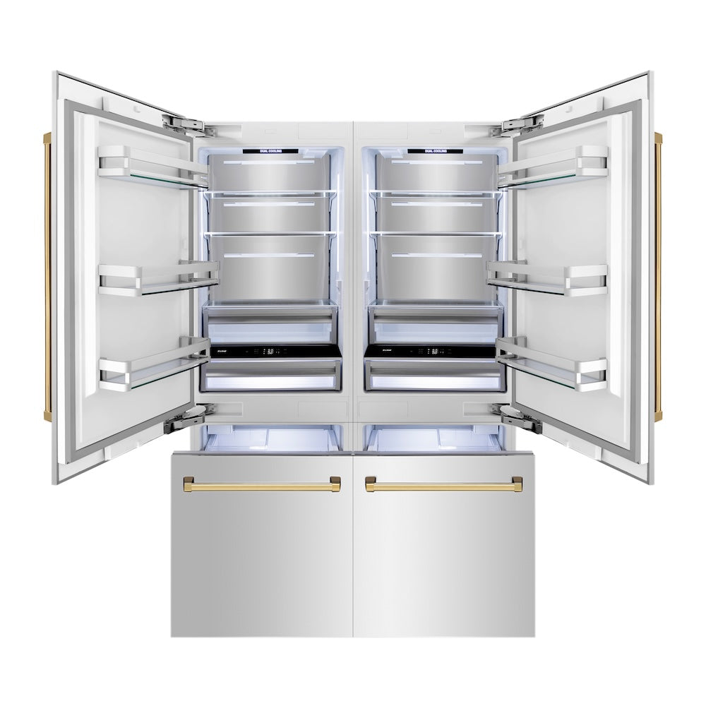 ZLINE Autograph Edition 60-inch refrigerator in stainless steel with bright white interior and polished gold accents RBIVZ-304-60-G, front view