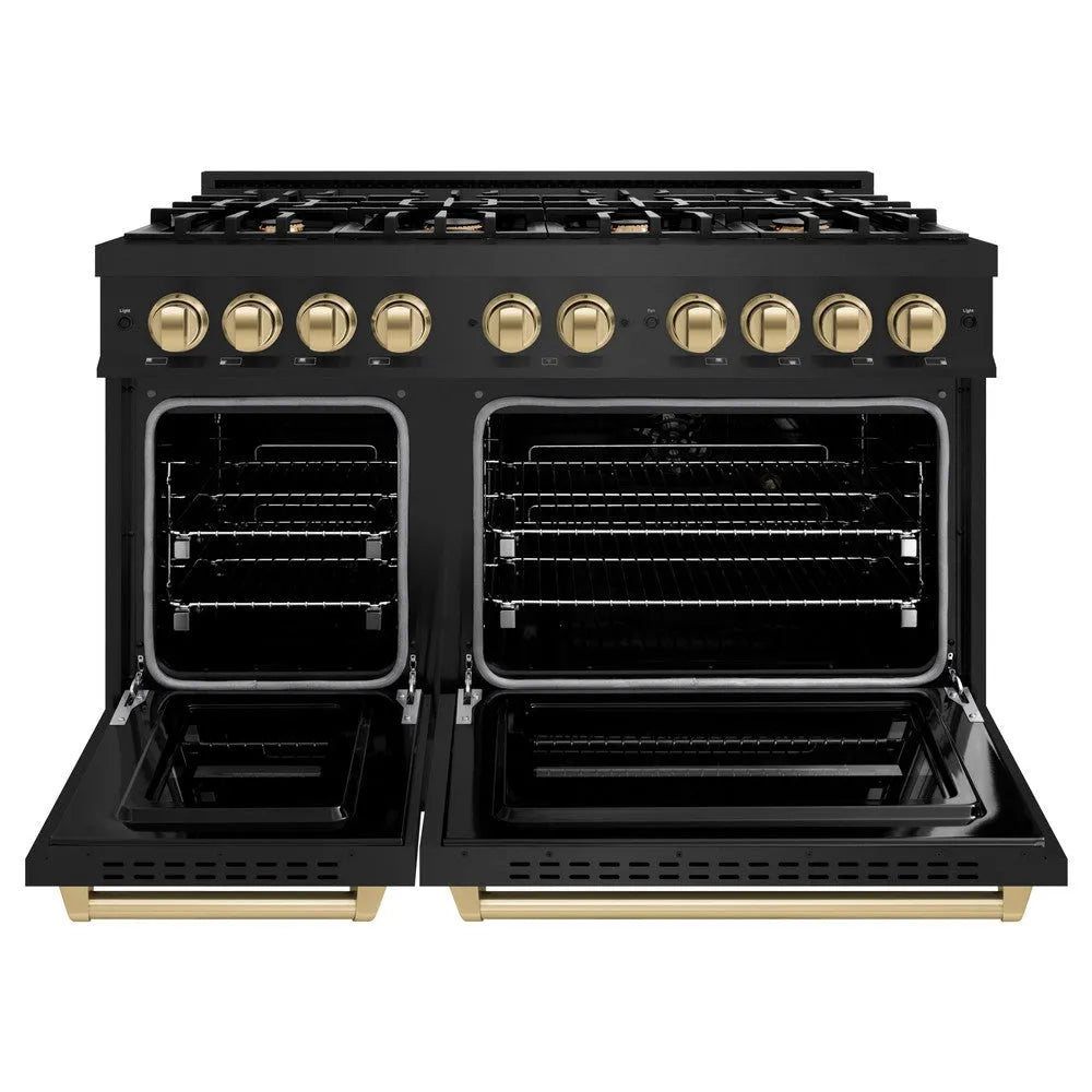 ZLINE Autograph Edition Classic 48-inch range in black stainless steel and champagne bronze accents CDRBZ-48-CB, front view