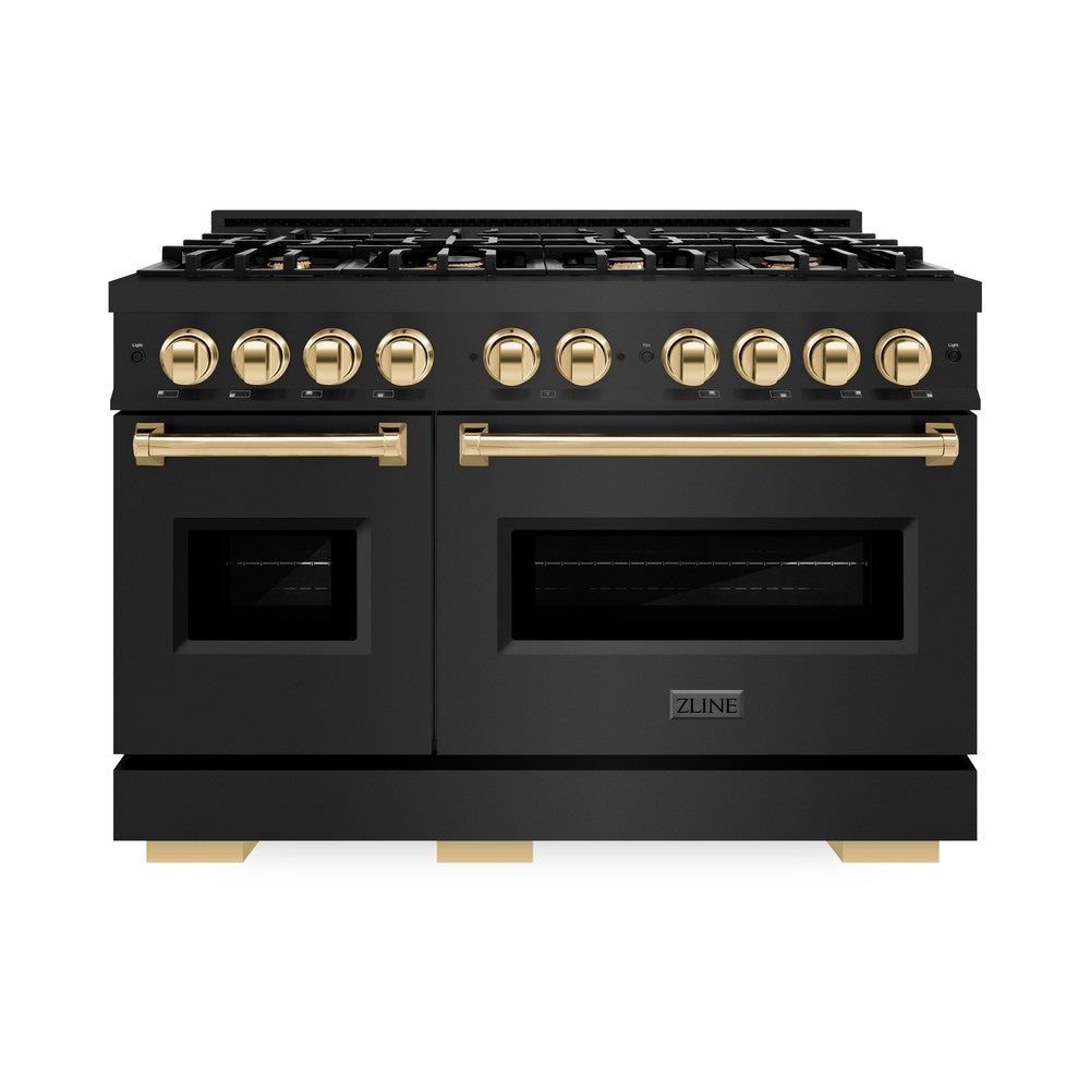 ZLINE Autograph Edition Classic 48-inch range in black stainless steel and polished gold accents CDRBZ-48-G, front view