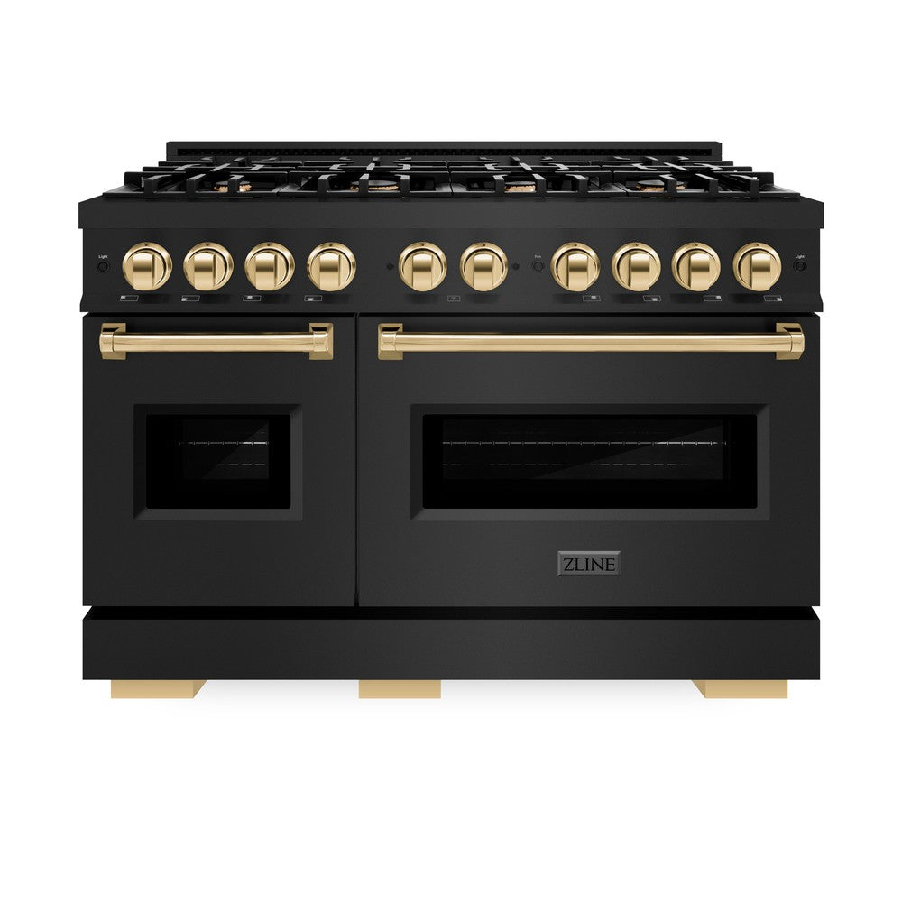 ZLINE Autograph Edition Classic 48-inch range in black stainless steel and polished gold accents CDRBZ-48-G, front view