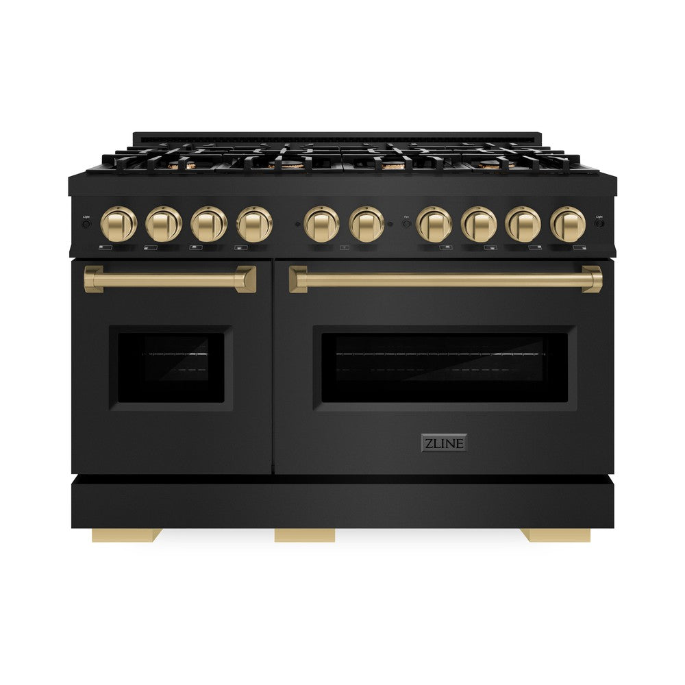 ZLINE Autograph Edition Classic 48-inch range in black stainless steel and champagne bronze accents CGRBZ-48-CB, front view
