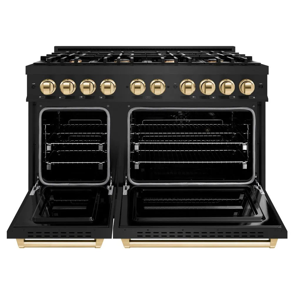 ZLINE Autograph Edition Classic 48-inch range in black stainless steel and polished gold accents CGRBZ-48-G, front view