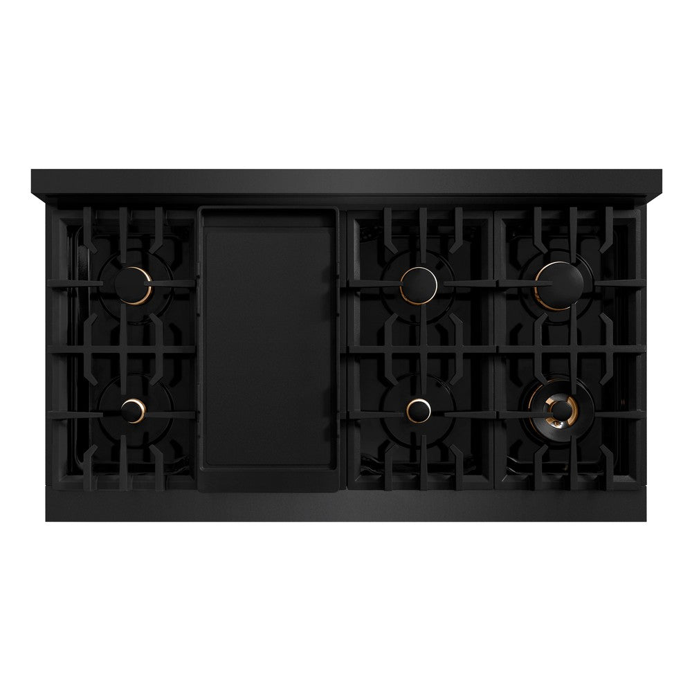 ZLINE Autograph Edition Classic 48-inch range in black stainless steel and polished gold accents CGRBZ-48-G, from above