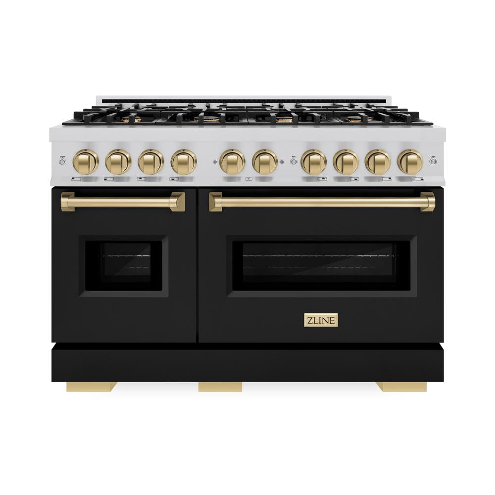ZLINE Autograph Edition Classic 48-inch range in stainless steel with black matte door and champagne bronze accents CGRZ-BLM-48-CB, front view