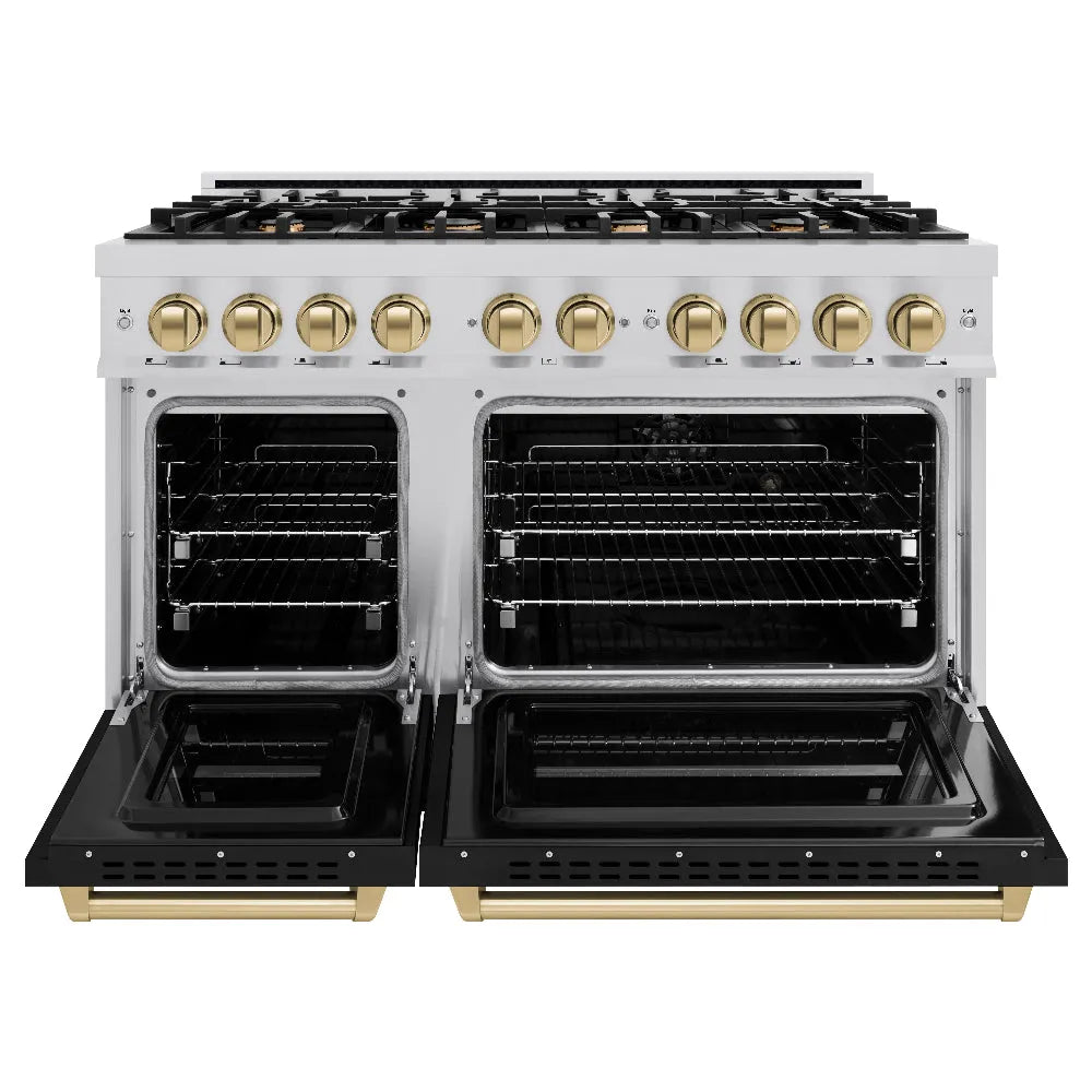 ZLINE Autograph Edition Classic 48-inch range in stainless steel with black matte door and champagne bronze accents CGRZ-BLM-48-CB, front view