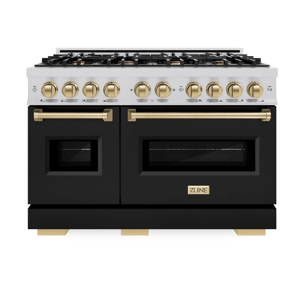 ZLINE Autograph Edition Classic 48-inch range in stainless steel with black matte door and champagne bronze accents CGRZ-BLM-48-CB, front view
