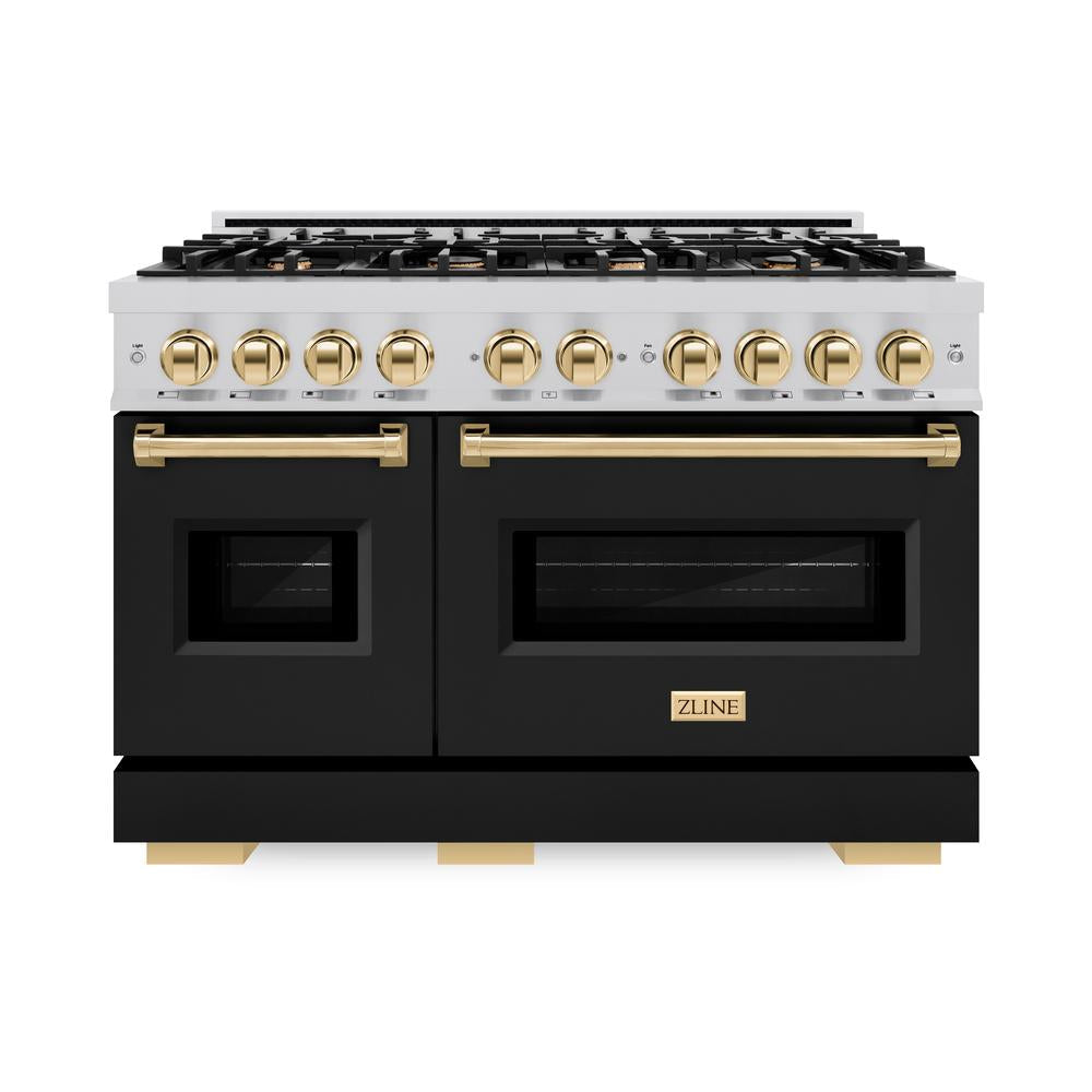 ZLINE Autograph Edition Classic 48-inch range in stainless steel with black matte door and polished gold accents CGRZ-BLM-48-G, front view