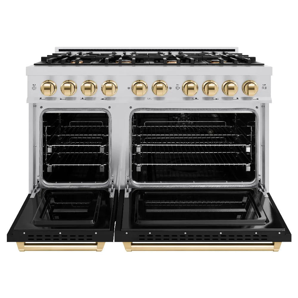 ZLINE Autograph Edition Classic 48-inch range in stainless steel with black matte door and polished gold accents CGRZ-BLM-48-G, front view