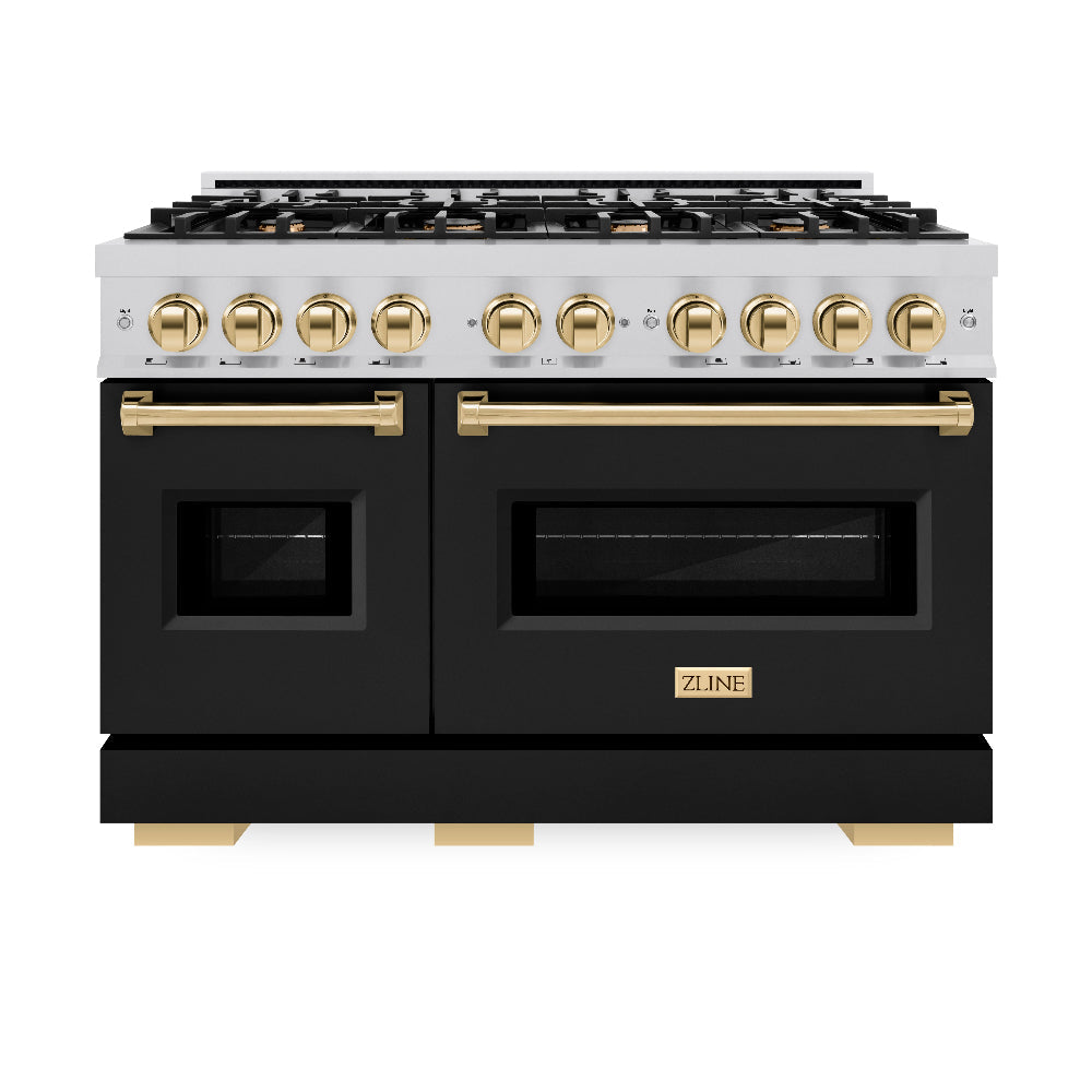 ZLINE Autograph Edition Classic 48-inch range in stainless steel with black matte door and polished gold accents CGRZ-BLM-48-G, front view