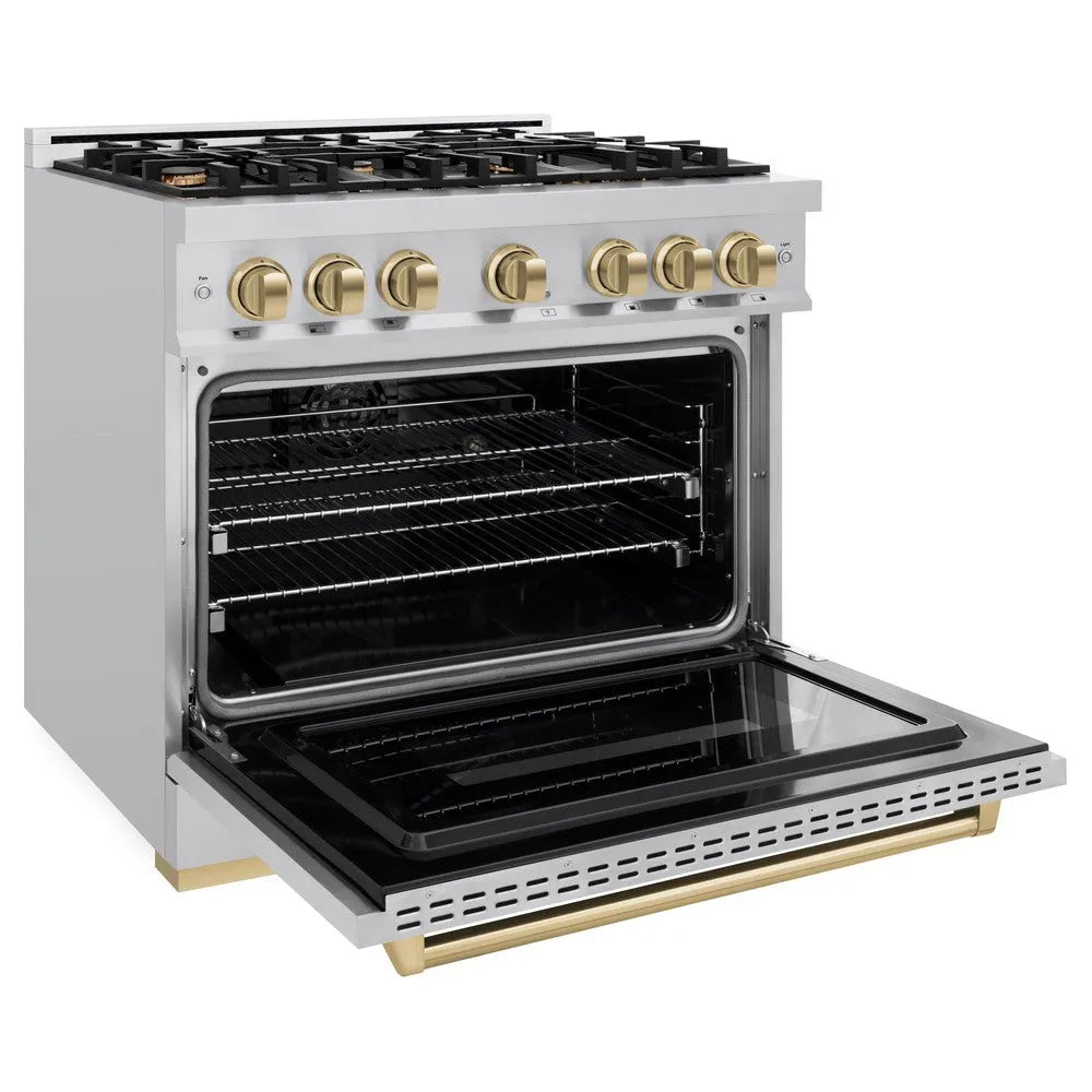 ZLINE Autograph Edition Classic 36-inch range in stainless steel and champagne bronze accents CDRZ-36-CB, door open