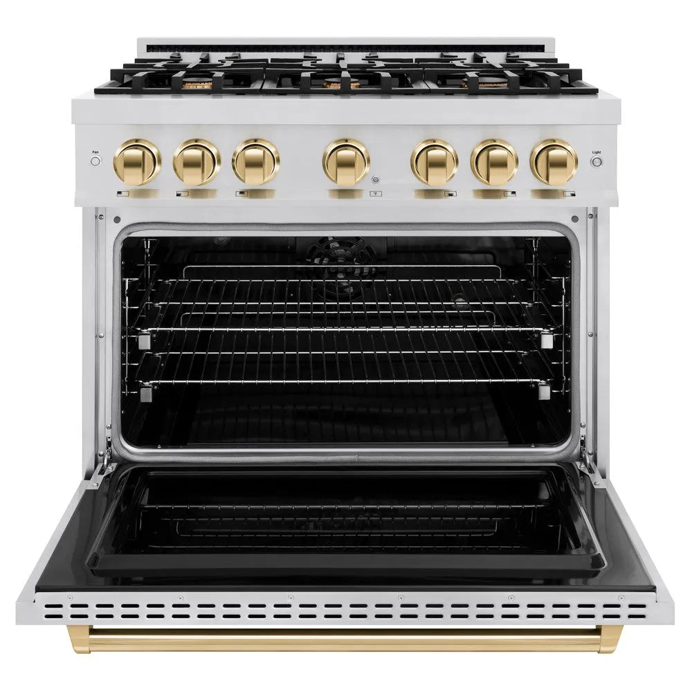 ZLINE Autograph Edition Classic 36-inch range in stainless steel and polished gold accents CDRZ-36-G, front view