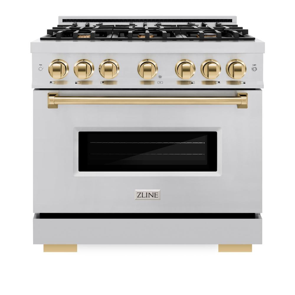ZLINE Autograph Edition Classic 36-inch range in stainless steel and polished gold accents CDRZ-36-G, front view