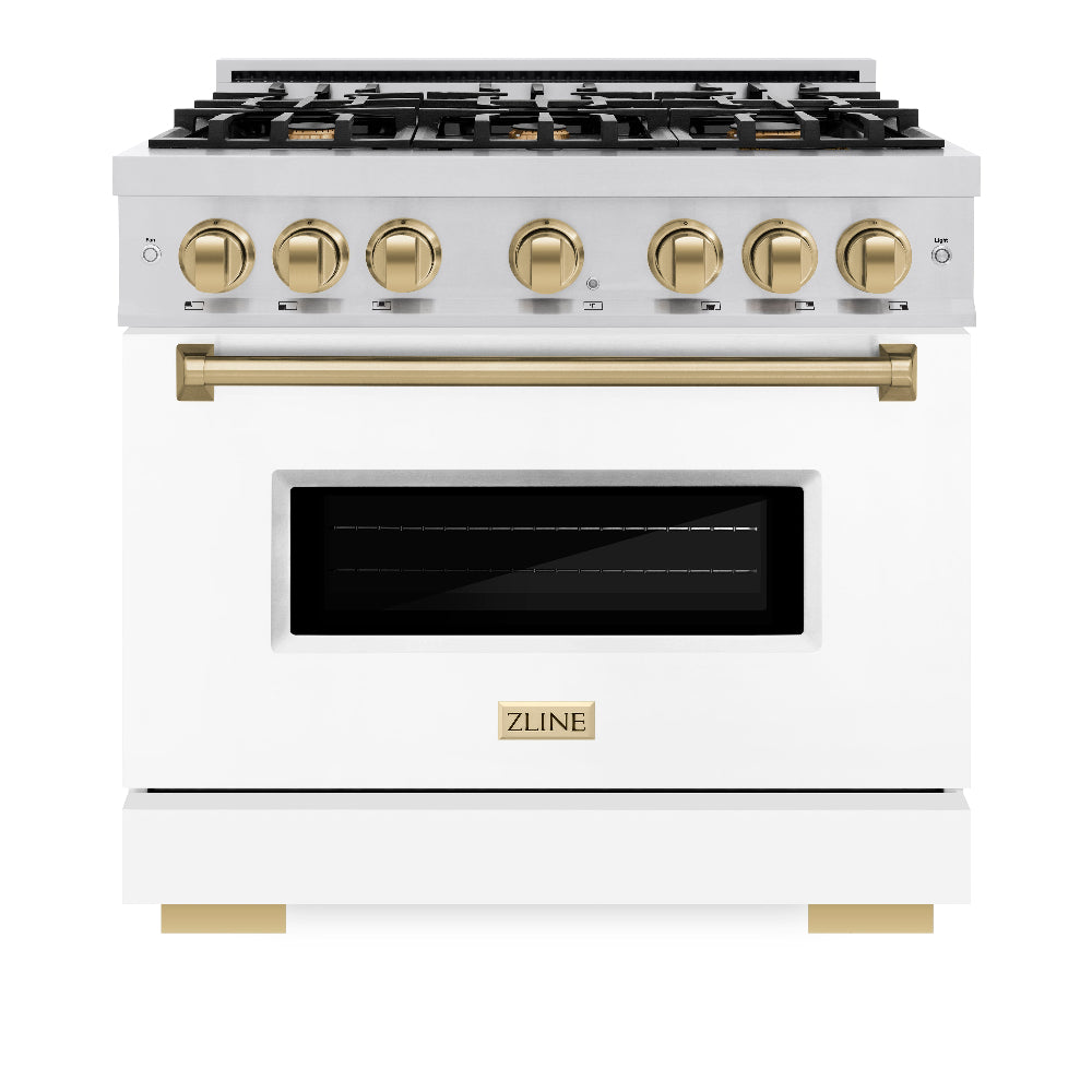 ZLINE Autograph Edition Classic 36-inch range in stainless steel with white matte door and champagne bronze accents CDRZ-WM-36-CB, front view