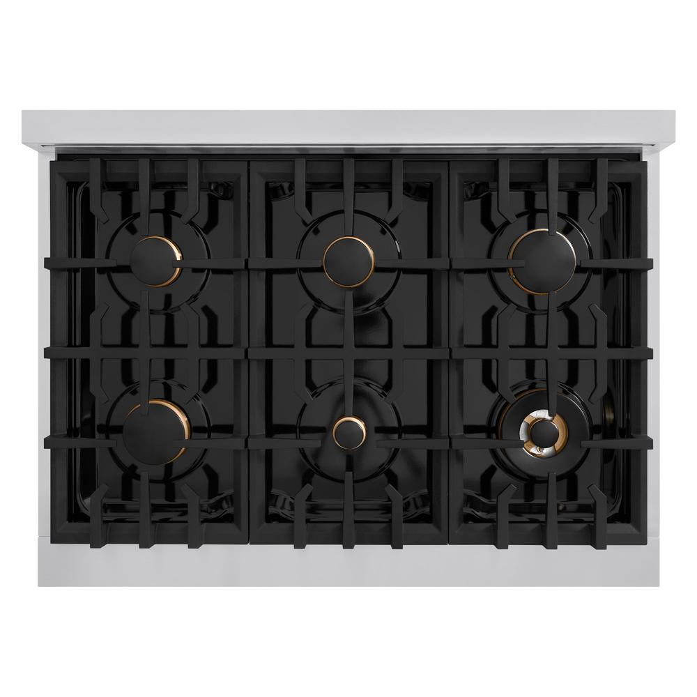 ZLINE Autograph Edition Classic 36-inch range in stainless steel with white matte door and champagne bronze accents CDRZ-WM-36-CB, from above
