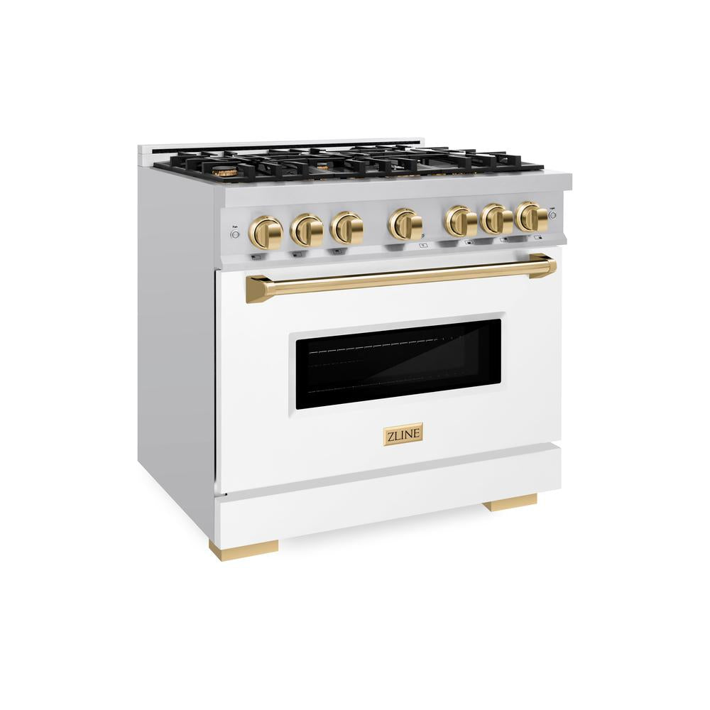 ZLINE Autograph Edition Classic 36-inch range in stainless steel with white matte door and polished gold accents CDRZ-WM-36-G
