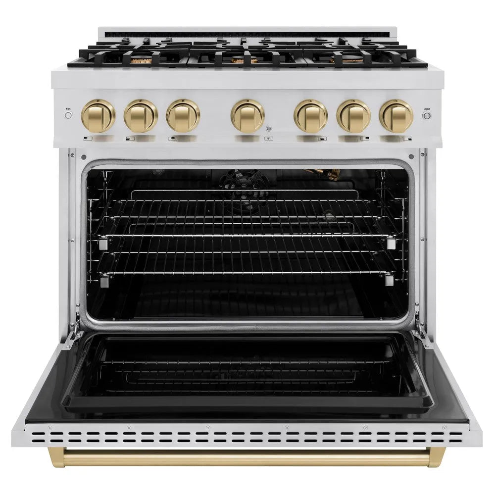 ZLINE Autograph Edition Classic 36-inch range in stainless steel and champagne bronze accents CGRZ-36-CB, front view