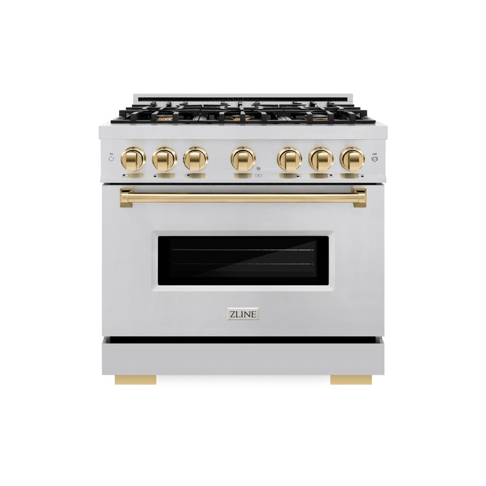 ZLINE Autograph Edition Classic 36-inch range in stainless steel and polished gold accents CGRZ-36-G, front view