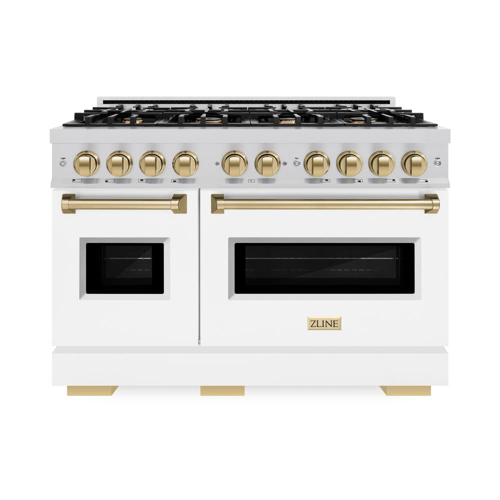 ZLINE Autograph Edition Classic 48-inch range in stainless steel with white matte door and champagne bronze accents CDRZ-WM-48-CB, front view