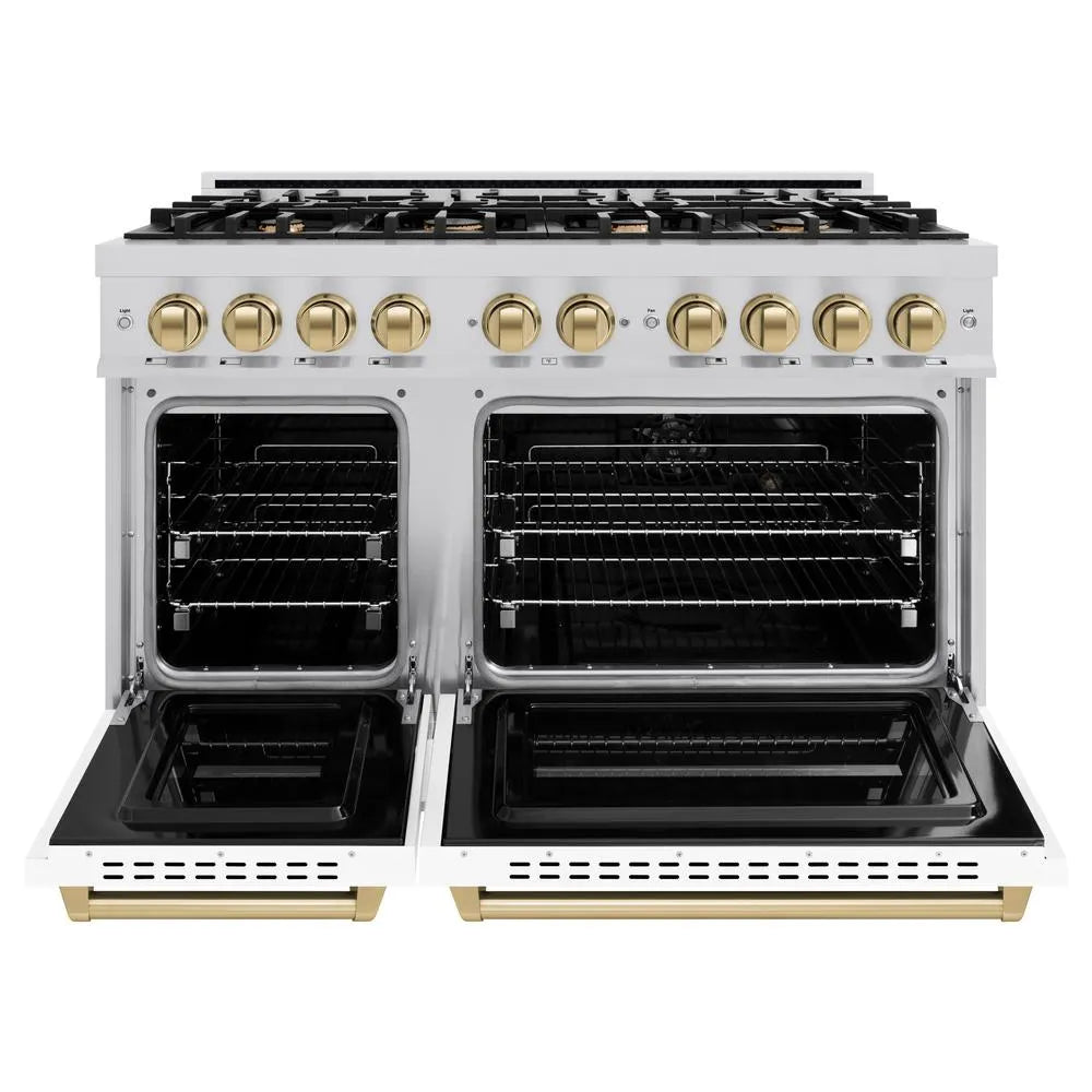 ZLINE Autograph Edition Classic 48-inch range in stainless steel with white matte door and champagne bronze accents CDRZ-WM-48-CB, front view