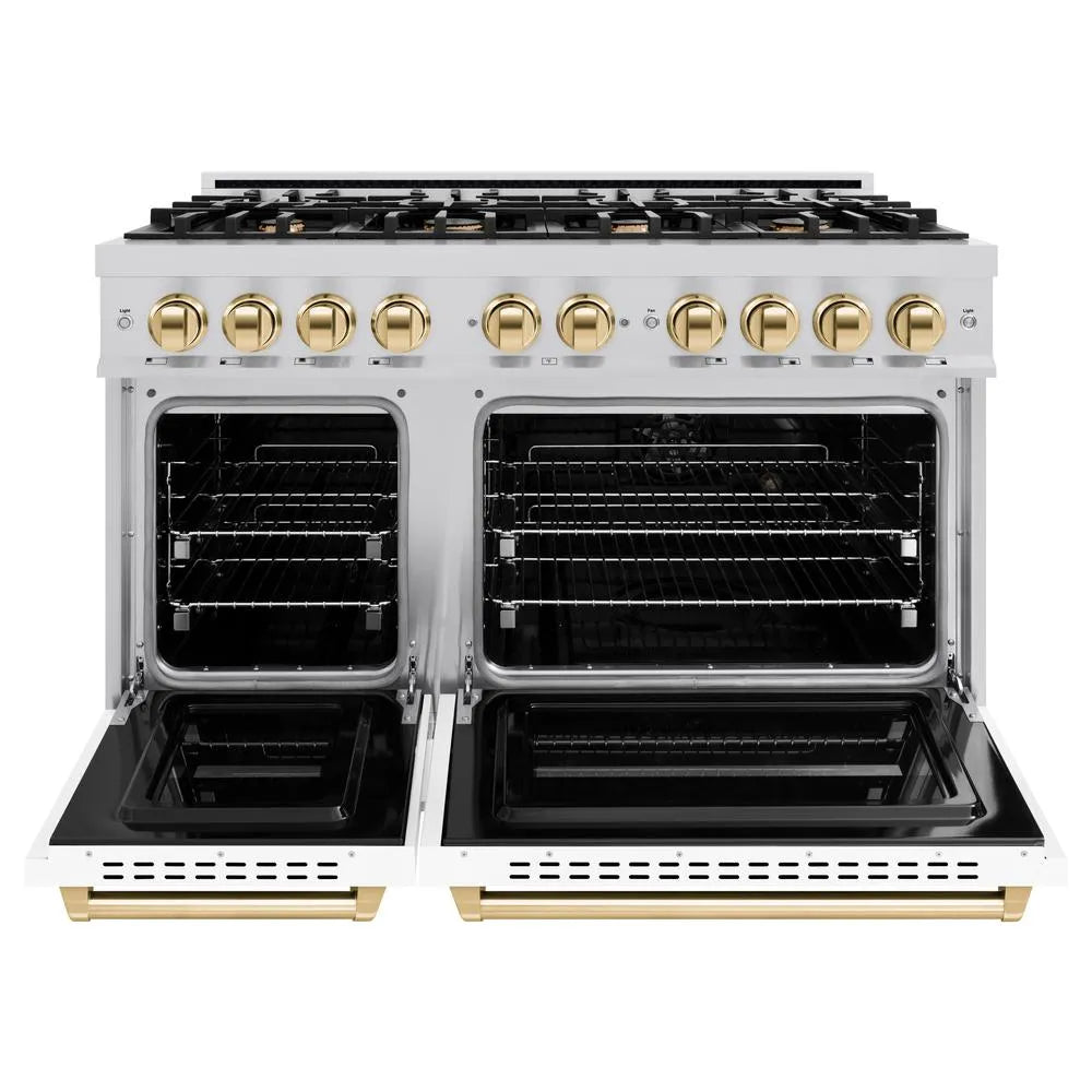 ZLINE Autograph Edition Classic 48-inch range in stainless steel with white matte door and polished gold accents CDRZ-WM-48-G, front view
