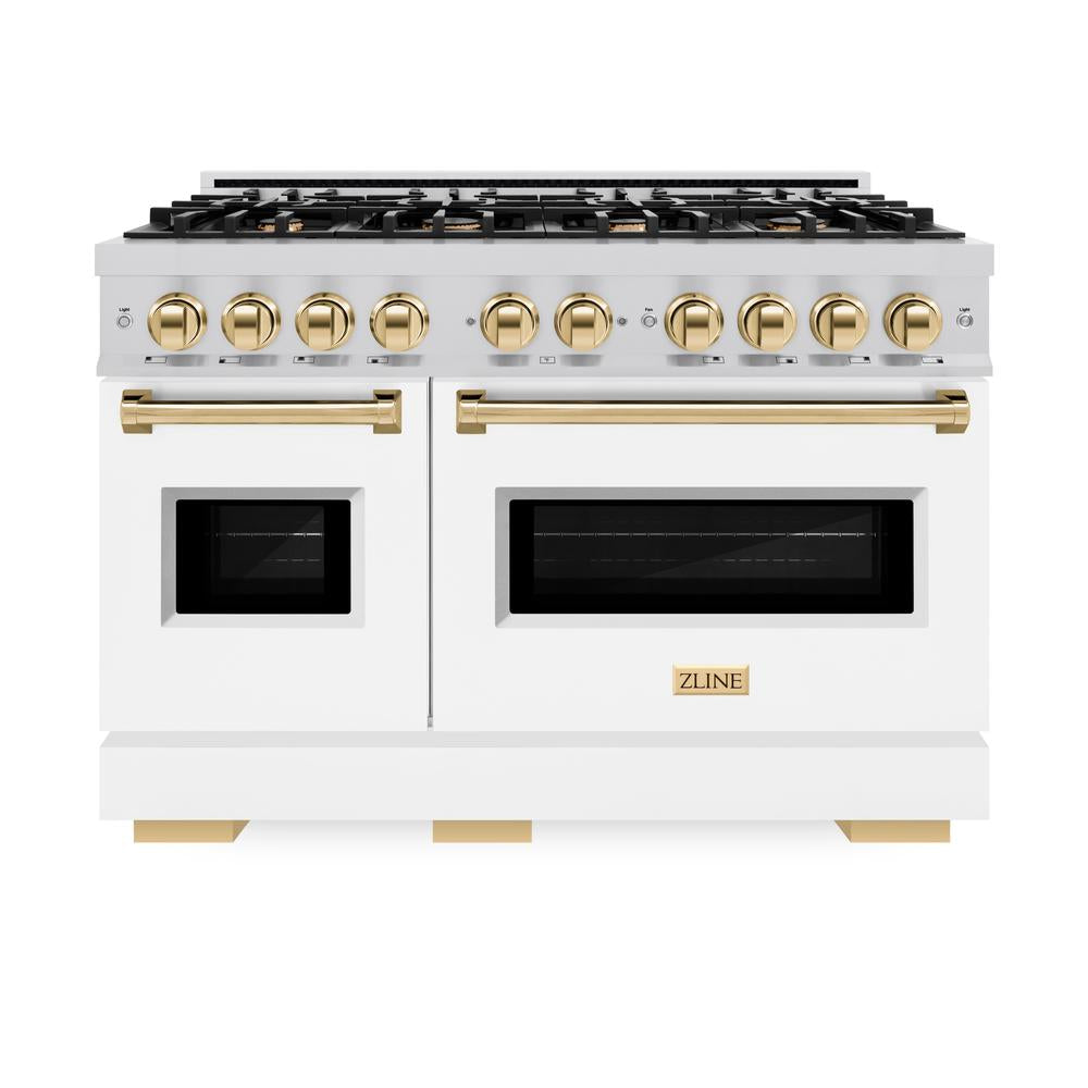 ZLINE Autograph Edition Classic 48-inch range in stainless steel with white matte door and polished gold accents CDRZ-WM-48-G, front view