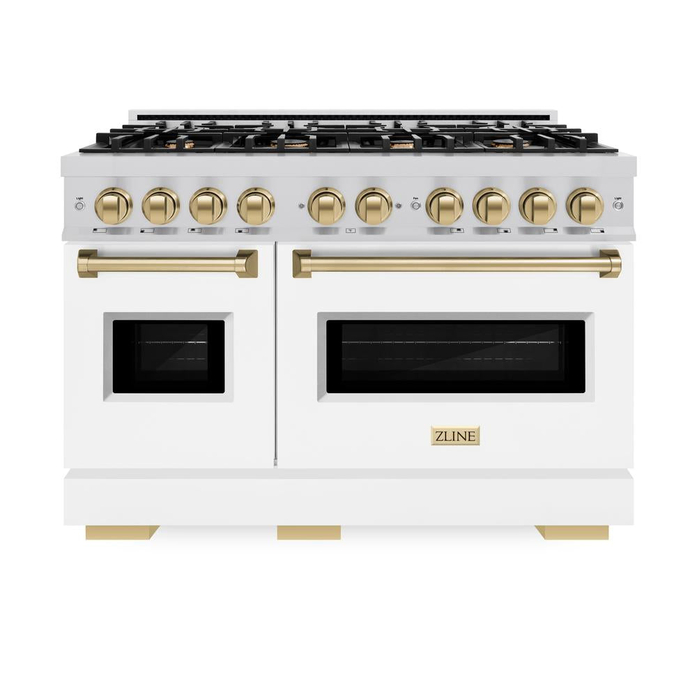 ZLINE Autograph Edition Classic 48-inch range in stainless steel with white matte door and champagne bronze accents CGRZ-WM-48-CB, front view