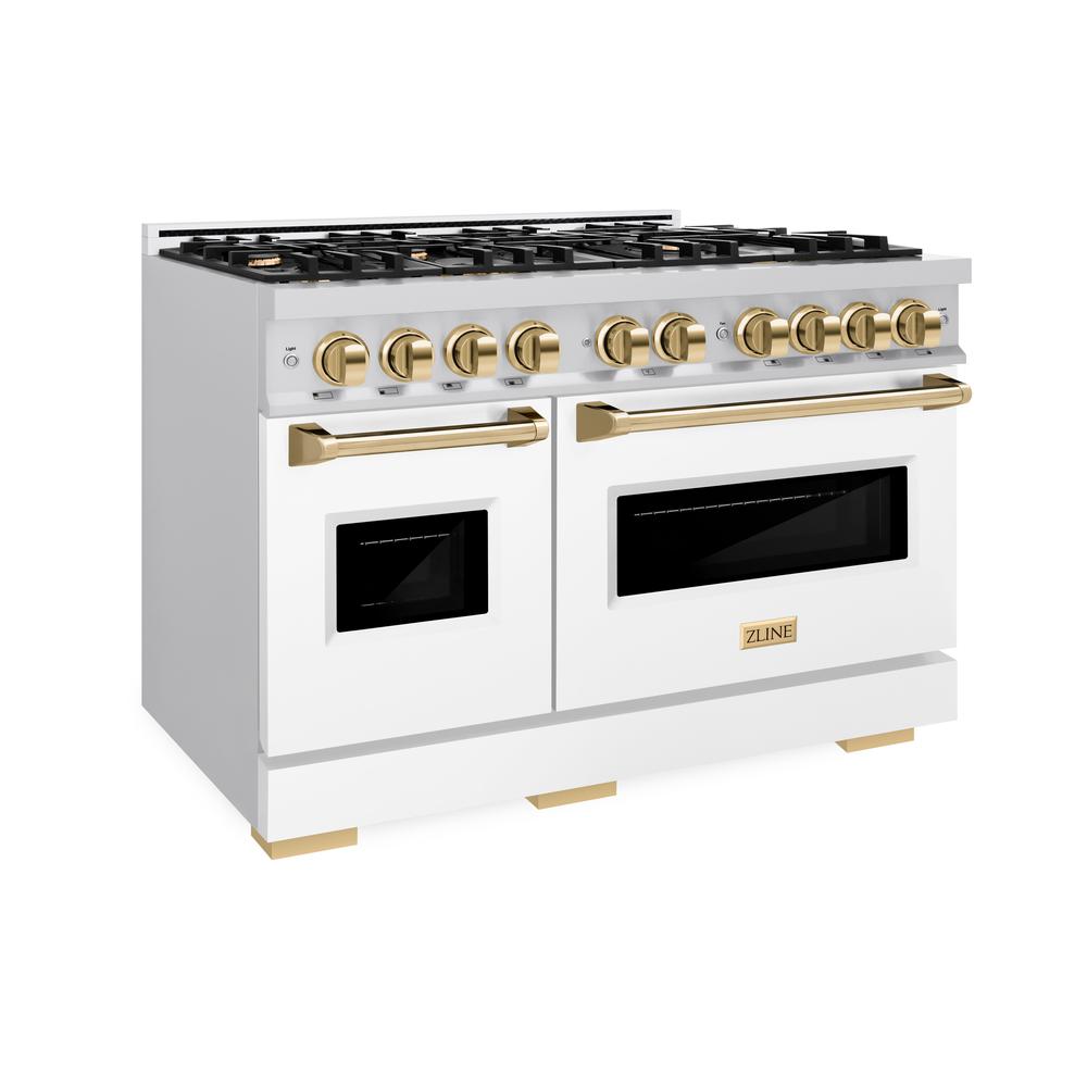 ZLINE Autograph Edition Classic 48-inch range in stainless steel with white matte door and polished gold accents CGRZ-WM-48-G
