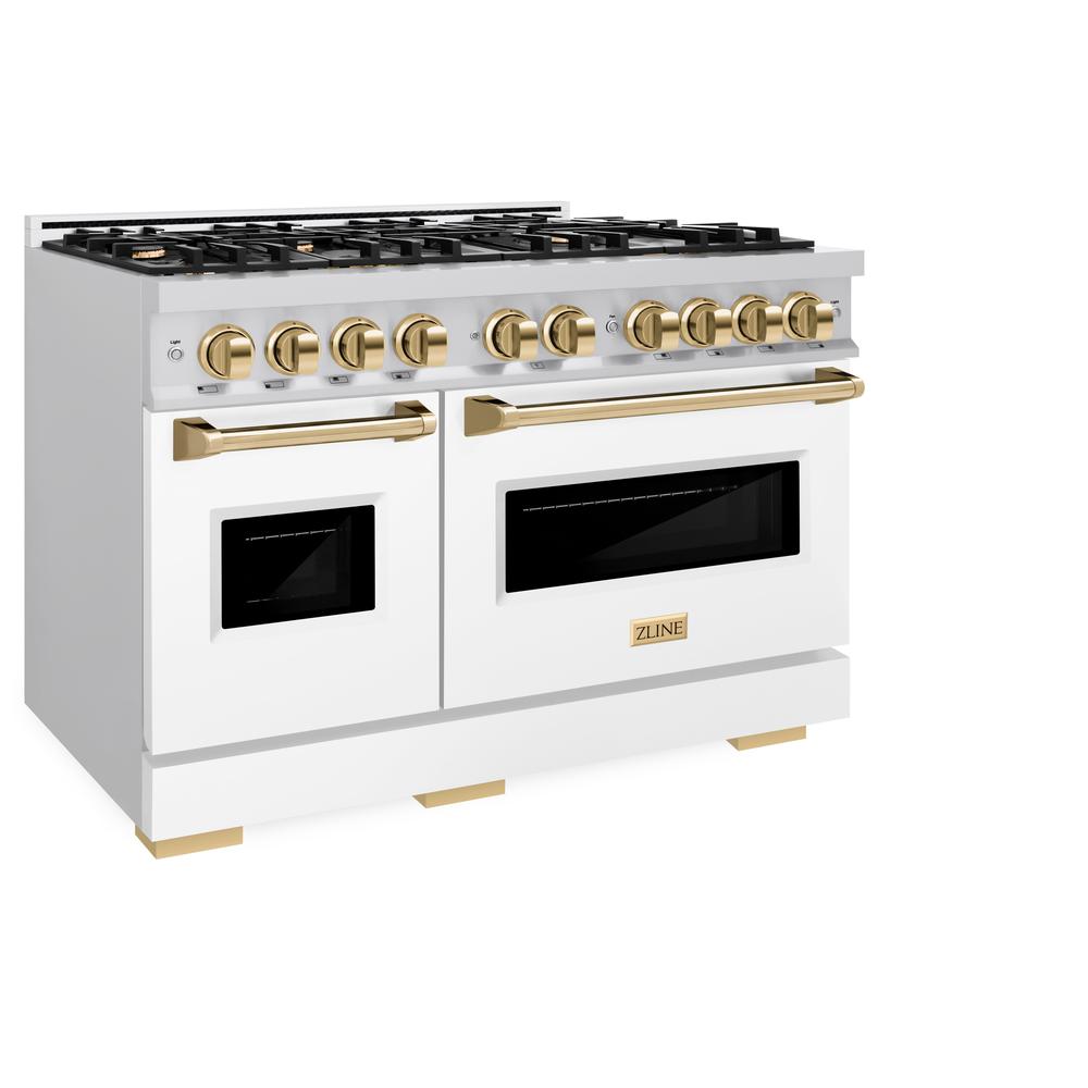 ZLINE Autograph Edition Classic 48-inch range in stainless steel with white matte door and polished gold accents CGRZ-WM-48-G, view 4
