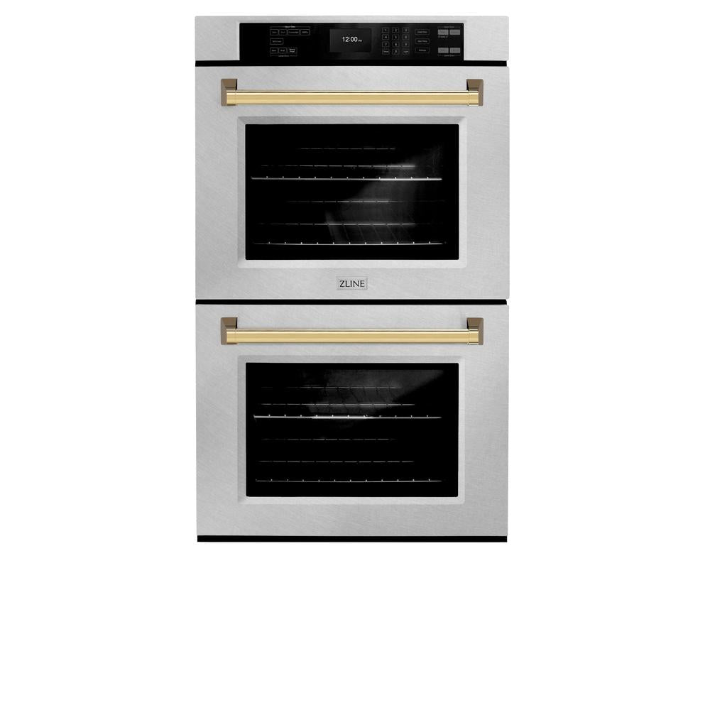 ZLINE Autograph Edition Professional 30-inch wall oven in stainless steel and polished gold accents WADZ-30-G, front view