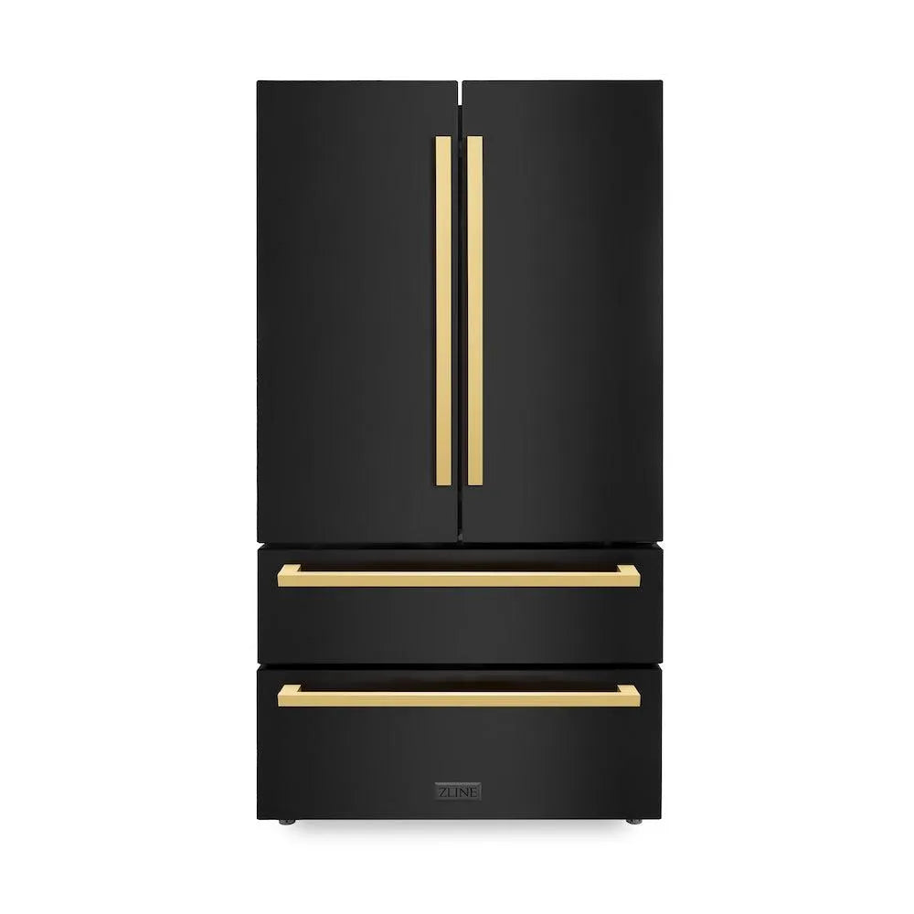 ZLINE Autograph Edition 36-inch refrigerator in fingerprint-resistant black stainless steel with bright white interior and polished gold accents RFMZ-36-BS-FG