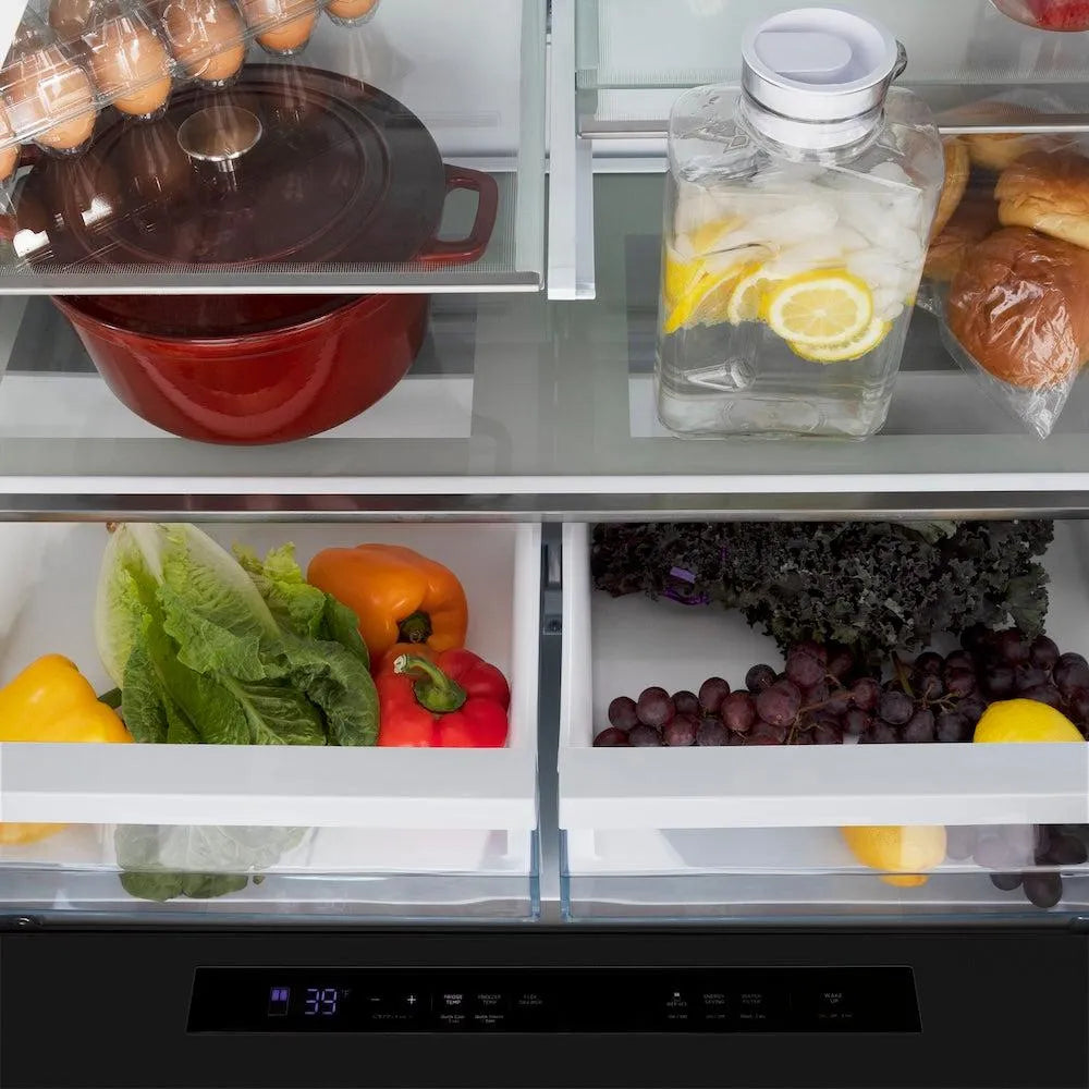 ZLINE Autograph Edition 36-inch refrigerator in fingerprint-resistant black stainless steel with bright white interior and polished gold accents RFMZ-W-36-BS-FG, detail