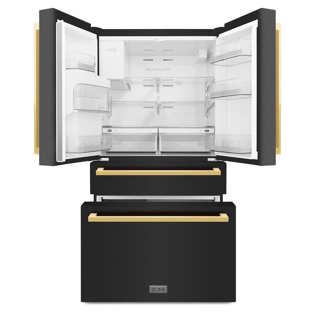 ZLINE Autograph Edition 36-inch refrigerator in fingerprint-resistant black stainless steel with bright white interior and polished gold accents RFMZ-W-36-BS-FG, front view