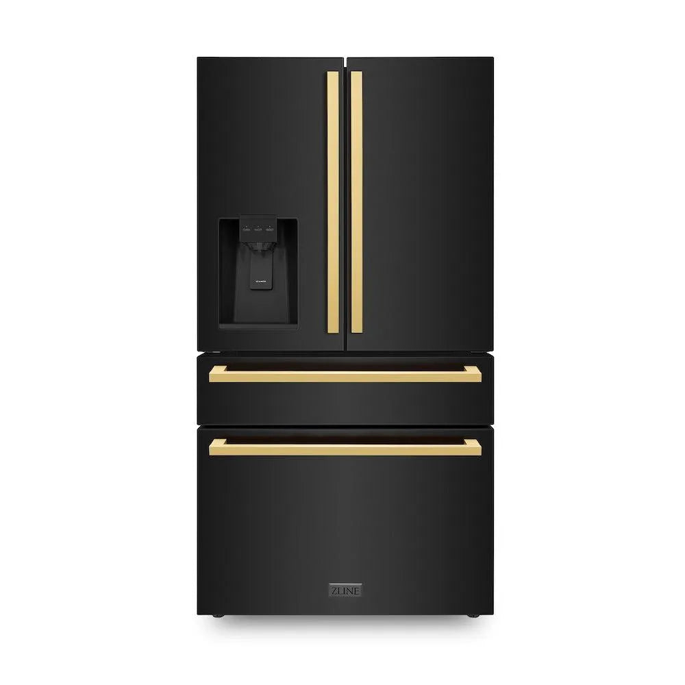 ZLINE Autograph Edition 36-inch refrigerator in fingerprint-resistant black stainless steel with bright white interior and polished gold accents RFMZ-W-36-BS-FG