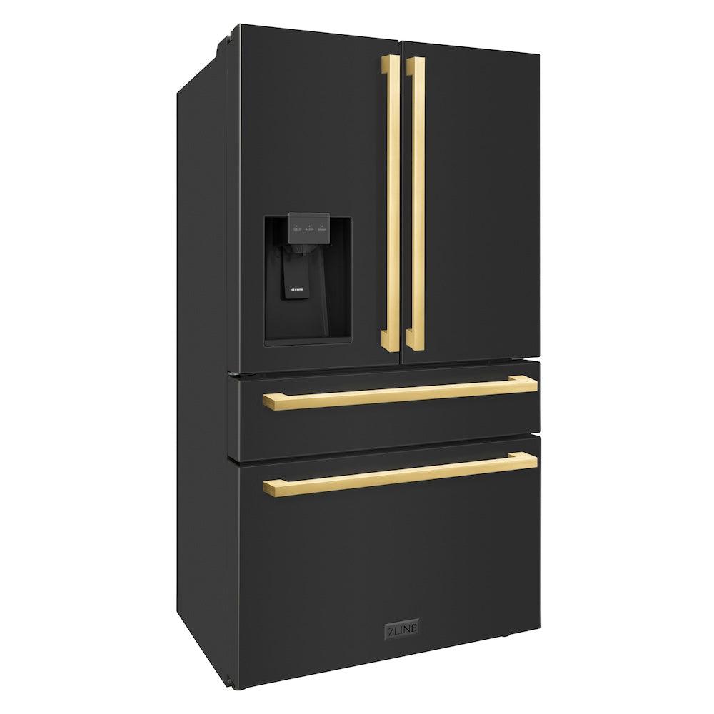 ZLINE Autograph Edition 36-inch refrigerator in fingerprint-resistant black stainless steel with bright white interior and polished gold accents RFMZ-W-36-BS-FG, side view