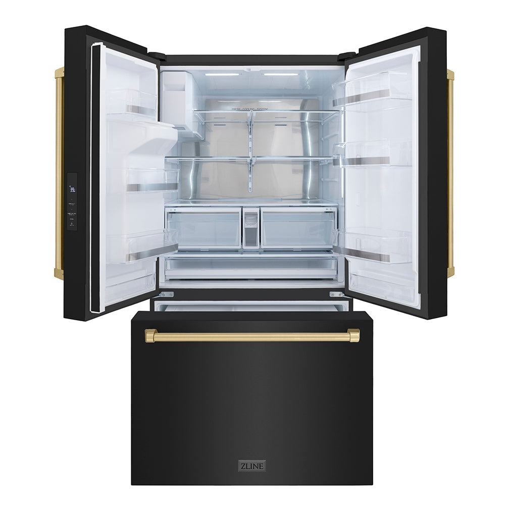 ZLINE Autograph Edition 36-inch refrigerator in fingerprint-resistant black stainless steel with bright white interior and champagne bronze accents RSMZ-W-36-BS-CB, front view