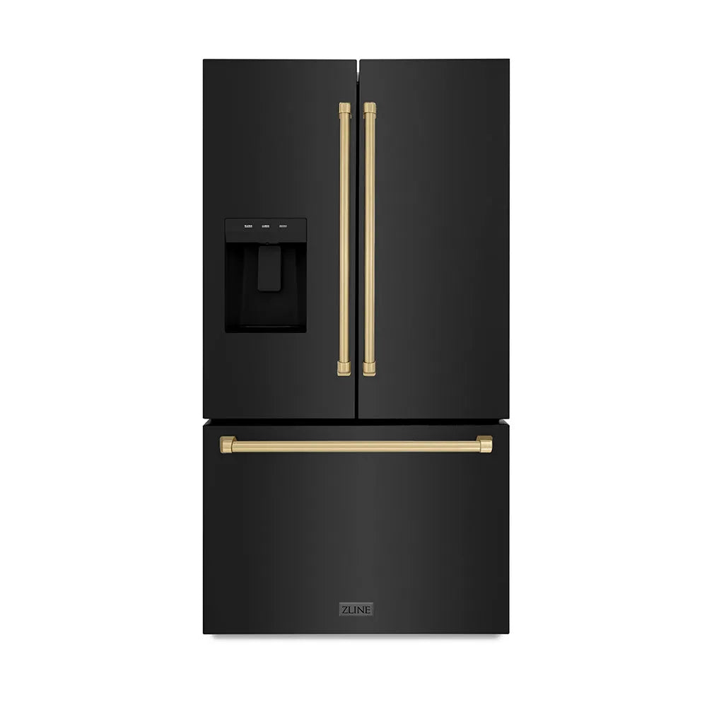 ZLINE Autograph Edition 36-inch refrigerator in fingerprint-resistant black stainless steel with bright white interior and champagne bronze accents RSMZ-W-36-BS-CB