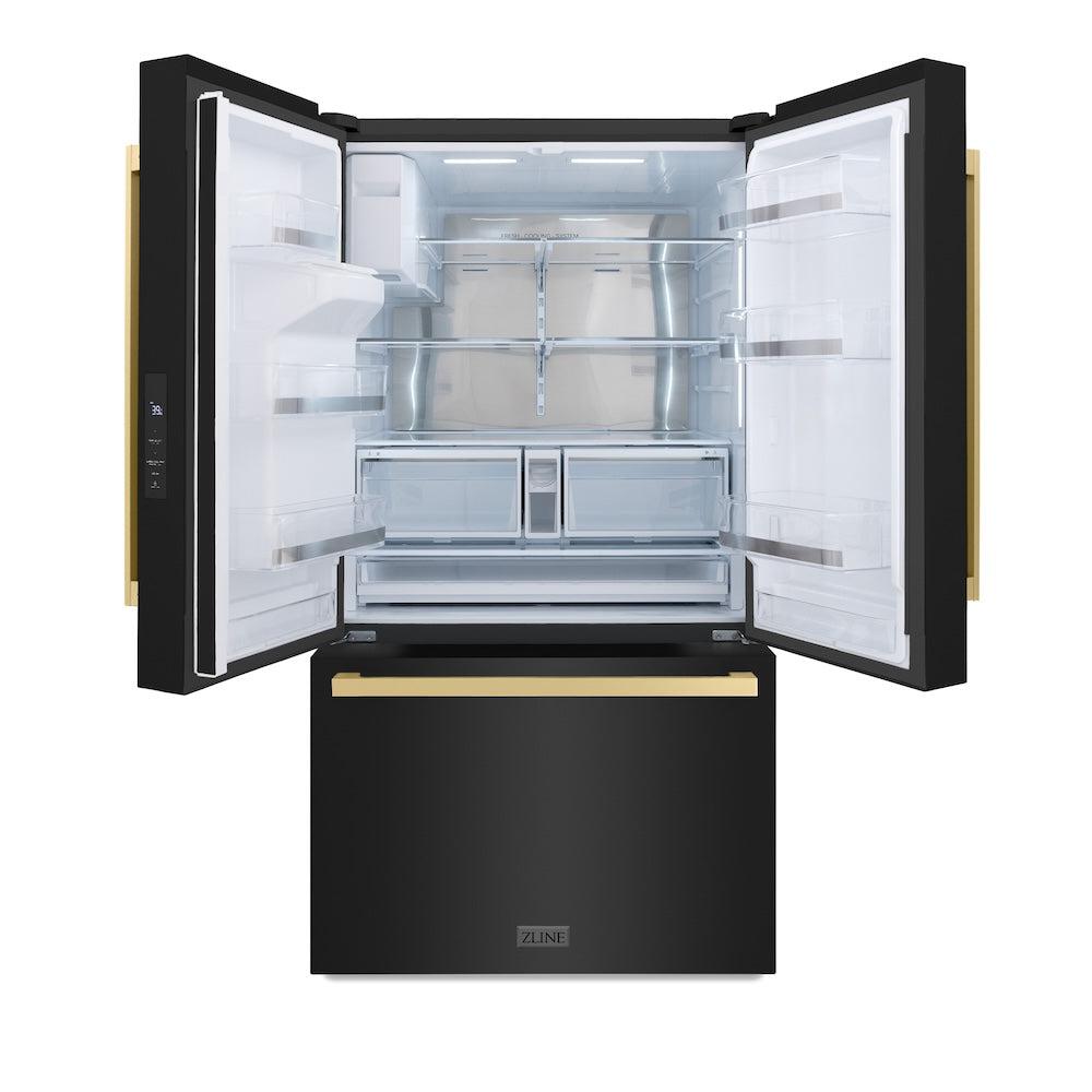 ZLINE Autograph Edition 36-inch refrigerator in fingerprint-resistant black stainless steel with bright white interior and champagne bronze accents RSMZ-W36-BS-FCB, front view