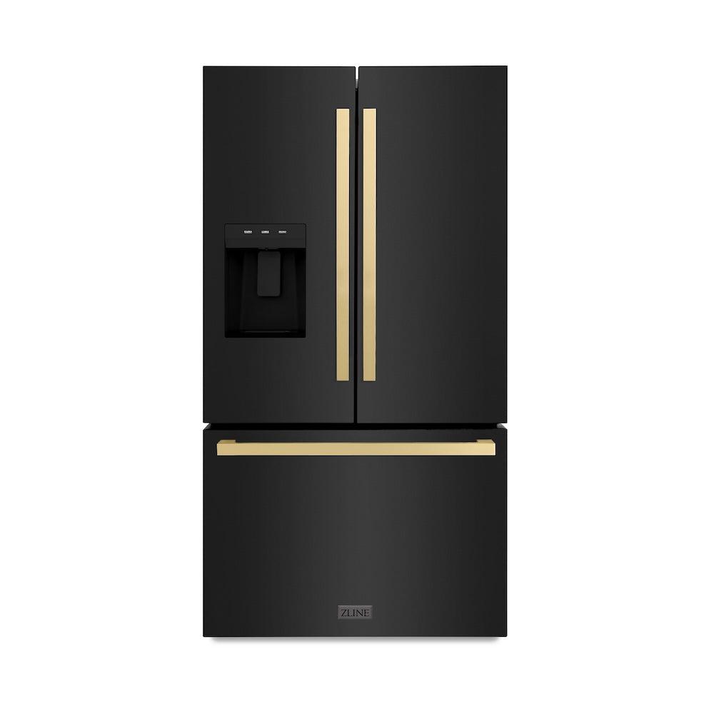 ZLINE Autograph Edition 36-inch refrigerator in fingerprint-resistant black stainless steel with bright white interior and champagne bronze accents RSMZ-W36-BS-FCB, front view