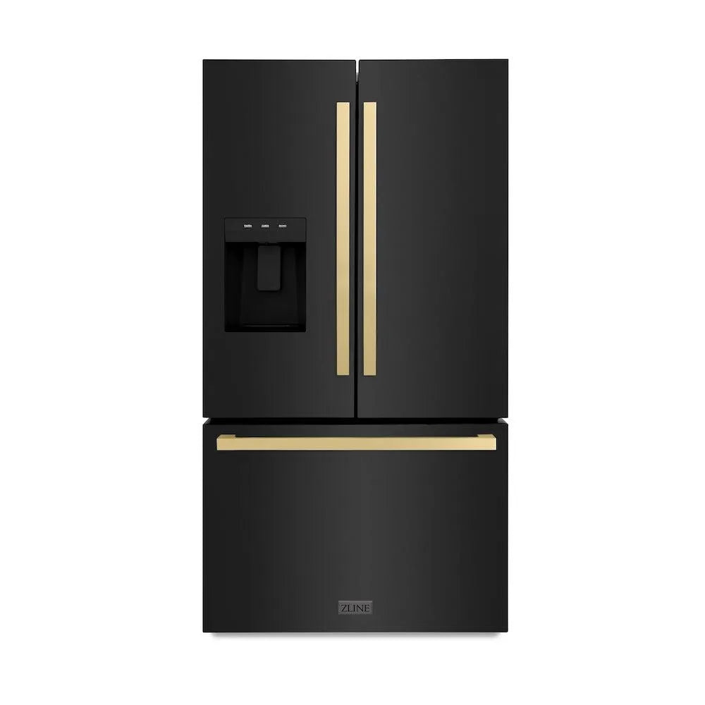ZLINE Autograph Edition 36-inch refrigerator in fingerprint-resistant black stainless steel with bright white interior and champagne bronze accents RSMZ-W36-BS-FCB