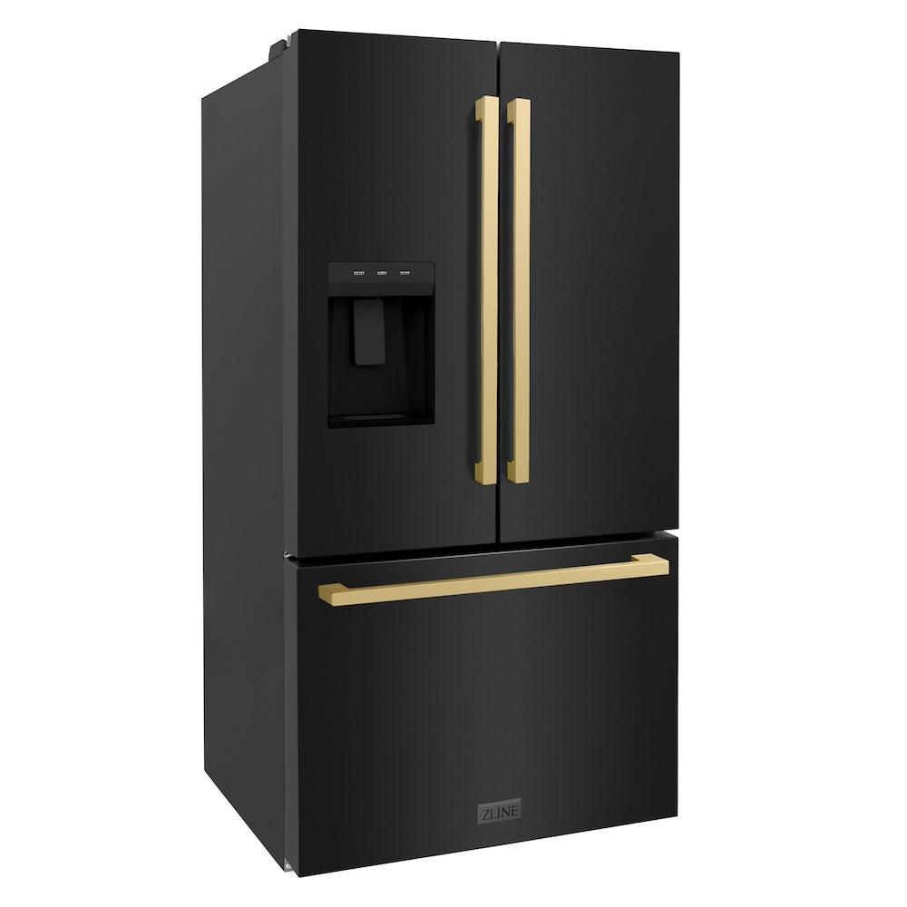 ZLINE Autograph Edition 36-inch refrigerator in fingerprint-resistant black stainless steel with bright white interior and champagne bronze accents RSMZ-W36-BS-FCB, side view