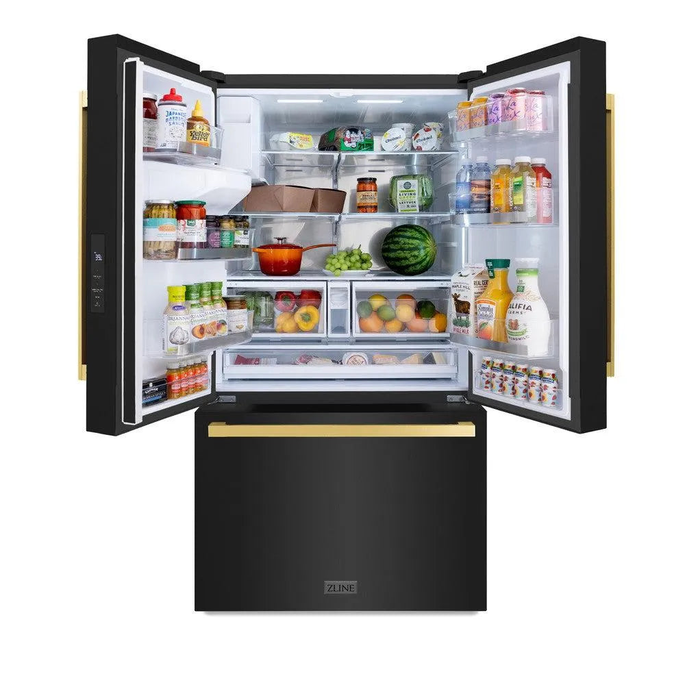 ZLINE Autograph Edition 36-inch refrigerator in fingerprint-resistant black stainless steel with bright white interior and polished gold accents RSMZ-W-36-BS-FG, front view