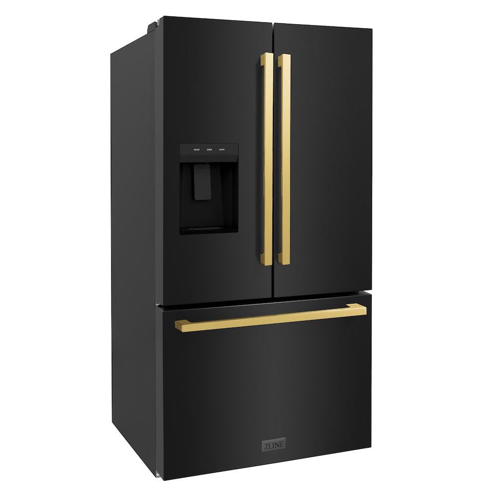ZLINE Autograph Edition 36-inch refrigerator in fingerprint-resistant black stainless steel with bright white interior and polished gold accents RSMZ-W-36-BS-FG, side view