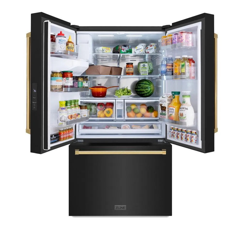 ZLINE Autograph Edition 36-inch refrigerator in fingerprint-resistant black stainless steel with bright white interior and polished gold accents RSMZ-W-36-BS-G, front view