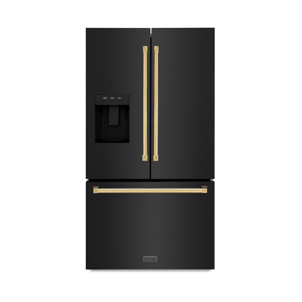 ZLINE Autograph Edition 36-inch refrigerator in fingerprint-resistant black stainless steel with bright white interior and polished gold accents RSMZ-W-36-BS-G, front view
